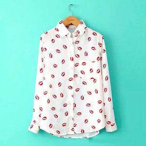 Red Lips Print Blouse